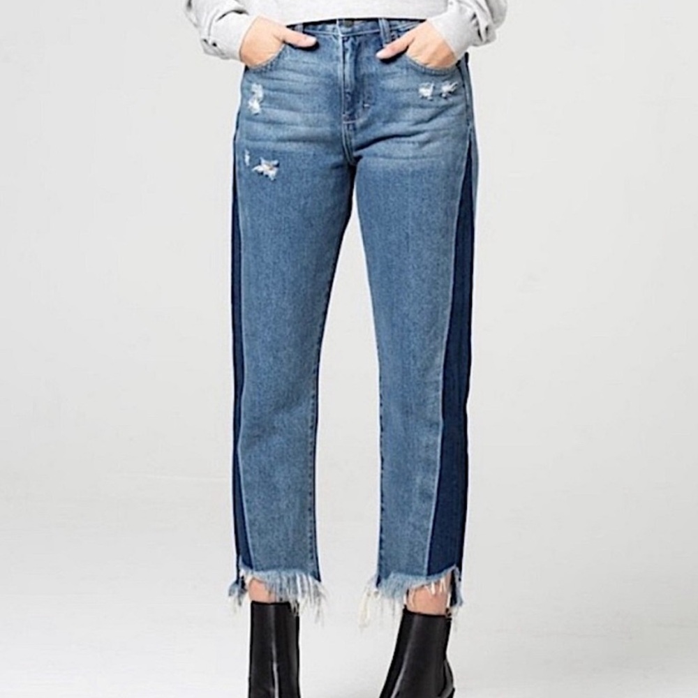 Hidden Jeans women’s Tracey High Rise Straight Crop Two Tone Distressed Jeans